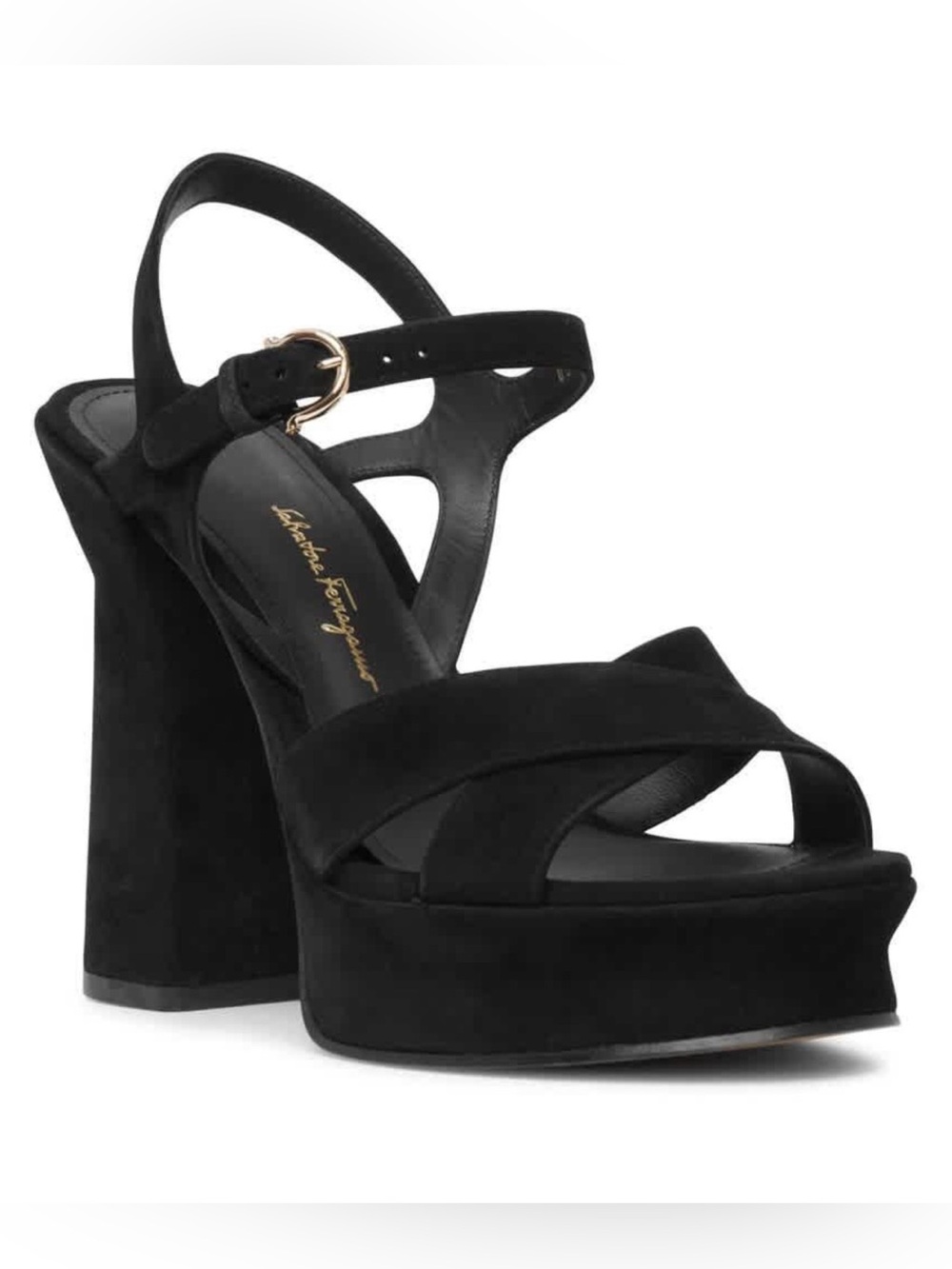 Salvatore Ferragamo “Sonya” Black Suede Platform Sandal with Ankle Strap